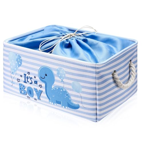 Tiangrid Nursery Storage Dinosaur Baby Storage Basket for Baby Shower Dinosaur Basket with Drawstring Closure 15.75 x 11.81 x 8.27 Inches Collapsible Gift Bin for Diaper Toy Nursery Room