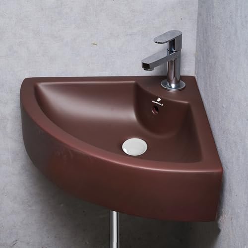 Image of REMANENCE Ceramic Wall Hung Corner Wash Basin for Bathroom | Wall Mounted Corner Sink (20.4 x 15 x 6 Inch) (Brown)
