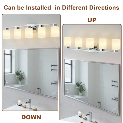 Image of 5-Light Bathroom Light Fixtures, Modern Vanity Lights, Chrome Metal Wall Lamp with White Marble Glass for Bathroom, Mirror, Living Room, Bedroom, Cabinet, Porch, Hallway, E26 Base