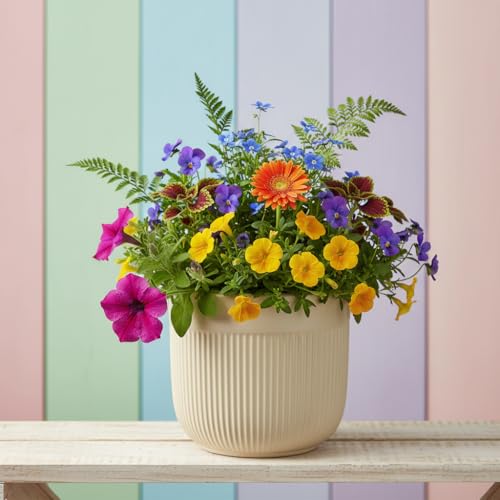 Image of Xtore Elegant Dual-Texture Ceramic Planter Pot for Indoor Plants | Modern Ribbed Flower Pot for Home, Office Desk & Balcony Decor (Cream Beige - Planter only)
