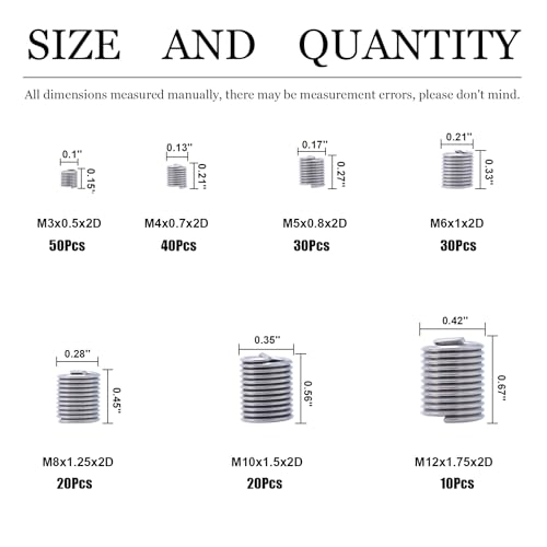 304 stainless steel helical coiled metric thread repair kit - 200pcs assortment kit - m3 m4 m5 m6 m8 m10 m12 wire screw sleeve inserts