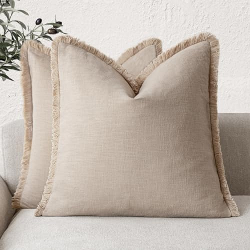 Foindtower Set of 2 Decorative Linen Fringe Throw Pillow Covers B...