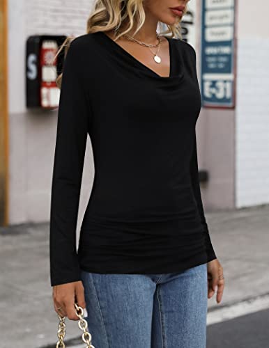 Zeagoo Womens Ruched Cowl Neck Tops Long Sleeve Stretch Blouse With Side Shirring #TOP2
