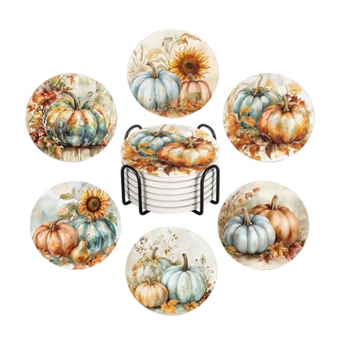 Drink Coasters for Drinks Set of 6 Vintage Autumn Watercolor Pumpkins Absorbent Round Ceramic Stone Mat with Cork Base and Metal Holder Home Bar Decor House Warming Gift