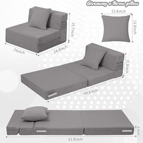 MeMoreCool Folding Sofa for Kids, Corduroy Fold Out Futon Chair, Small Foldable Floor Mattress, Portable Children Couch Sofa, Light Grey - Thumbnail 6