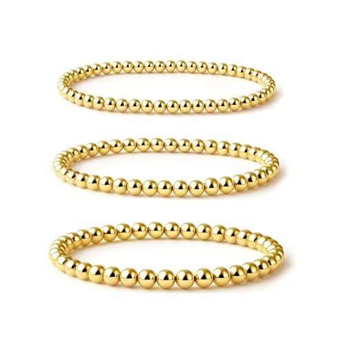MILACOLATO Pulseras Mujer Oro Delicada Pulsera Dorada Mujer cuentas chapada en oro de 18 quilates Stack Set Pulsera elástica elástica de cuentas de oro Pulsera de tenis de oro impermeable Pulseras A