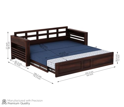 Image of Mamta Furniture Sheesham Wood Foster 3 Seater Sofa Cum Bed for Living Room Three Seater Sofa Bed for Home Sofa Com Bed Sheesham Wood |(Walnut Iris Blue)