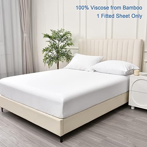 PHF 100% Rayon Derived from Bamboo Fitted Sheet Queen Size, 16" Deep Pocket,2.5cm Wider Strong Elastic Easy Fit, Breathable Silky Soft Skin-Friendly for Hot Sleeper, 60"x 80",White, No Pillowcases