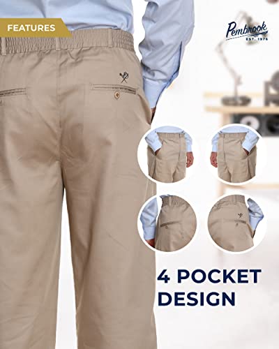 Pembrook Men's Elastic Waist Pants for Seniors - Adaptive Pants for Elderly with Zipper and Button - Tan