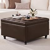 Weture 30 Inch Large Square Storage Ottoman Coffee Table, Oversized Square Ottoman with Storage, Tufted Upholstered Coffee Tables for Living Room (Leather, Brown)