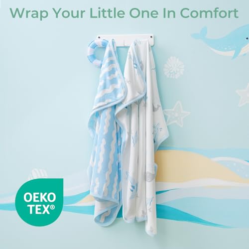 Image of Momcozy Baby Towel with Hooded-Original Design Baby Towel Set -Soft & Absorbent- Shower Gifts or Bath Essential for Infant, Newborn, Toddler, Marine Sea Whale Seal Waves Magic