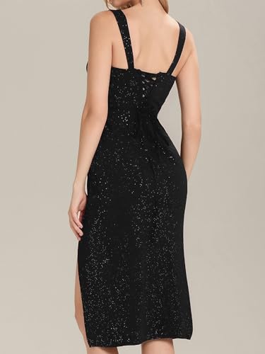 Ever-Pretty Women's Sparkly Glitter Side Slit Ruched Midi Formal Evening Dress with Lace-Up Back 023952