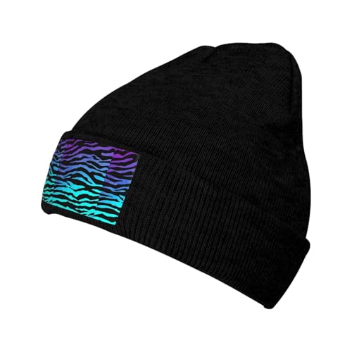 Gorro de punto grueso, diseño de rayas de cebra, color morado, azul y verde, Negro, Talla única