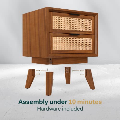 Bme Jasper Deluxe Solid Wood Rattan Nightstand Fully Assembled - Mid Century Modern Side Table, Nightstands With 2 Drawers - Multipurpose Use For Living Room, Bedroom - Dark Chocolate #TOP1