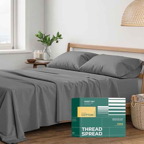 THREAD SPREAD 100% Organic Cotton Sheets Queen Size - 4 PC Organic Cotton Queen Size Percale Weave Sheet Set Soft Cooling Crisp & Breathable 16 Deep Pocket Hotel Quality Bedding Set - Dark Grey