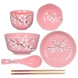 Kichvoe 6pcs Pink Ceramic Tableware Set: Japanese Style Porcelain Dinnerware for Home Use, Includes Bowl Plate Sauce Dish Cup Spoon And Chopsticks