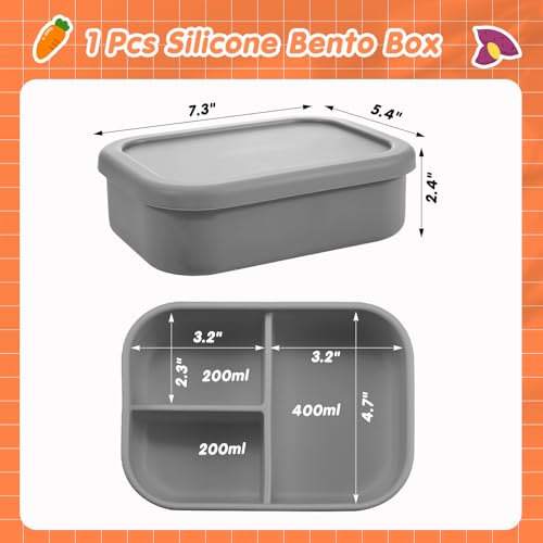 Image of Layhit 1 Pcs Silicone Bento Box for Adults, 27 oz Bento Lunch Container Reusable Food Container for Women Men, Leak Proof Microwave Dishwasher Freezer Safe (3 Compartments,Dark Gray)