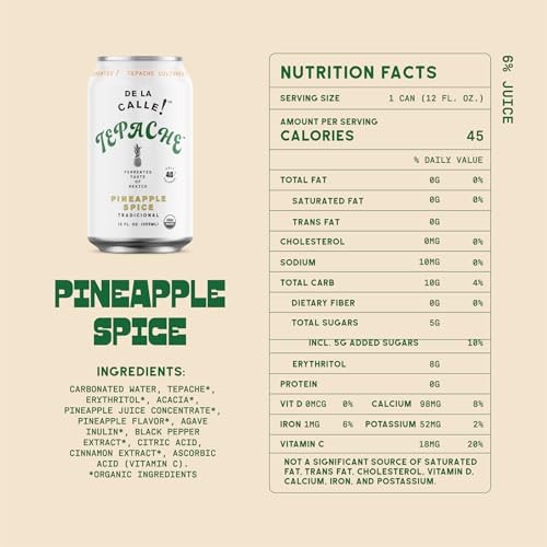 De La Calle Tepache - Pineapple Spice - Modern Mexican Soda - Craft Fermented Pineapple Sparkling Beverage - Certified Organic, Antioxidant Rich, Non-Alcoholic, Healthy Soda, Low Sugar, Low Calorie, Non-GMO