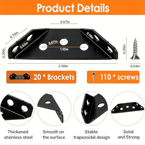 Image of 20PCS Corner Braces for Wood - Black Stainless Steel Corner Brackets, Universal L Brackets for Wood, Furniture Corner Connector, Metal Angle Bracket for Shelves, Cabinet,Chair, Table, Drawer