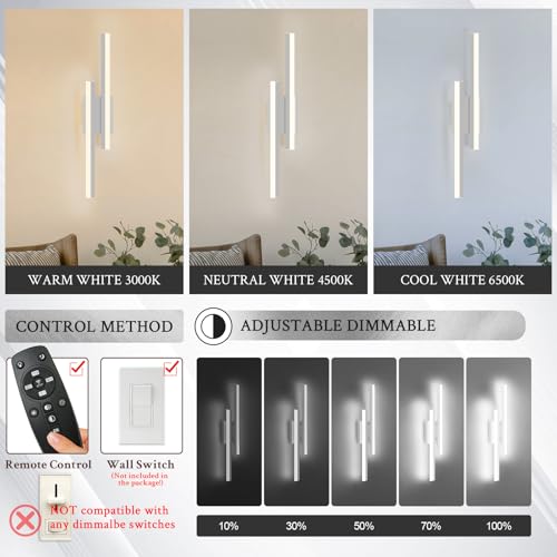 Image of LED Wall Sconce Silver Modern Remote Wall Light Fixtures for Living Room, Dimmable LED Vanity Light Indoor Remote Wall Sconce for Bedside Bedroom Bathroom Dining Room, L23.6inch 1 Pack