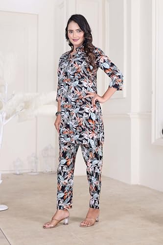 Image of OPIVE's Ethnic Floral Printed Viscous Rayon Shirt Collar Black Women's Co-ord Set (PC-2003-BLK)
