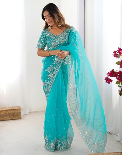 Image of SIRIL Women's Organza Sequence Embroidery Saree With Unstitched Blouse Piece