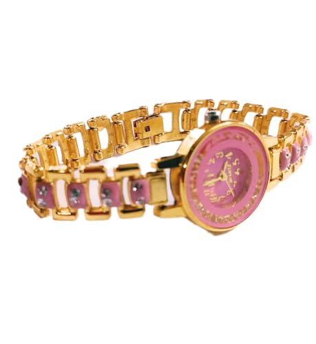 Pink-and-Gold-Analogue-Womens-Wrist-Watch-with-Floral-Pattern-Links