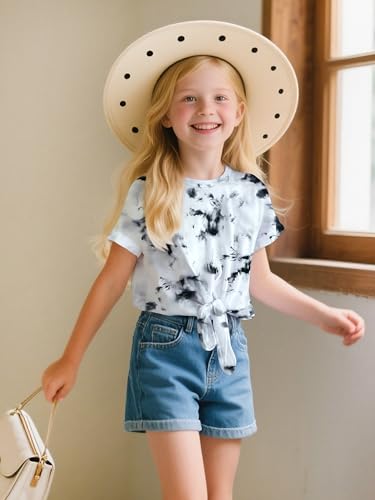Image of Girls Crop Top Tie Dye Short Sleeve Summer T Shirt Rolled Cuffs Tie Hem Fashion Shirts Tee 4-15 Years