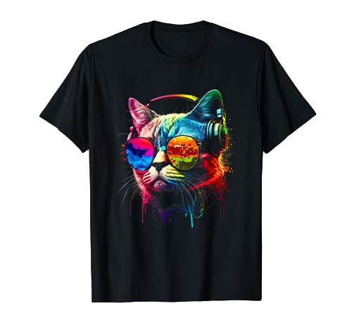 DJ gato con gafas de sol auriculares música divertido gatito Camiseta