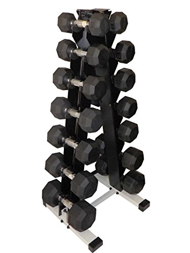 Ader 5, 10, 15, 25, 35, 45, 55 Pound Octagon Rubber Dumbbell Set 7 Pairs Rack and 4' Rubber Mat, Great Set