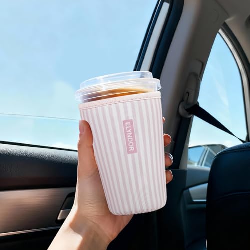 Image of Reusable Insulated Sleeve for Iced Coffee Cup, 3-Pack Coffee Neoprene Drink Sleeve for Cold & Hot Drinks, Beverage Holder for Iced Coffee (Pink Stripes)