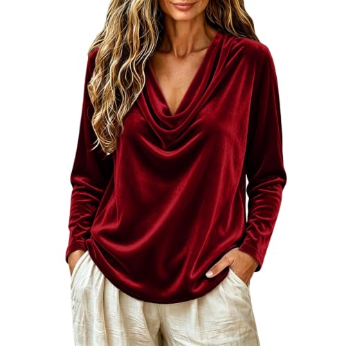 Velvet Tops for Women Cowl Neck Long Sleeve Dressy Casual Velour Shirt - image 2