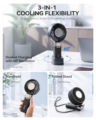 Image of SOTHING Portable Fan Rechargeable with Charging Dock, Auto-Oscillating, 4.43 Inch Oversized Fan Head, Handheld Fan with Cooling Plate, 180 Foldable, 19.4 ft /s Airflow, 1-100 Speeds, Up to 16H Runtime