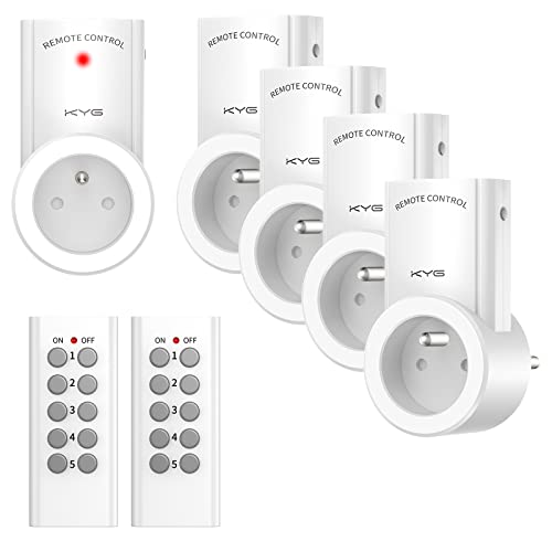 KYG Lot de 5 Prise Télécommandée Programmable, KYG Prise Domotique Sans Fil, Fonction All ON All OFF, Deux Télécommandes et Quatre Piles Incluses