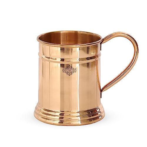 Image of INDIAN ART VILLA Pure Copper Tankard Shaped Mirror Line Design Moscow Mule Beer Mug Cup, Best for Beer Cocktail Parties, Barware, Volume-600ML, Set of 2