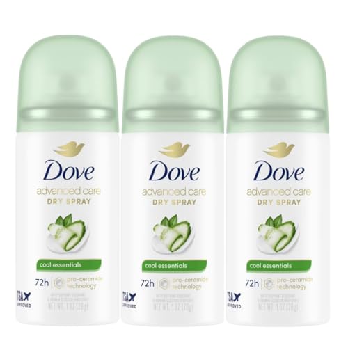 Dove Advanced Care Cool Essentials Antiperspirant & Deodorant Dry Spray Travel Size 1 oz Mini 3-Pack 72 Hour Protection Pro-Ceramide Technology Cool Fresh Pear and Cucumber Scent