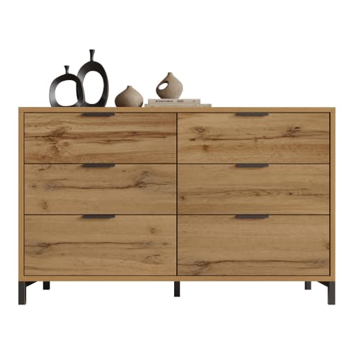 Merax Kommode mit 6 Schubladen 120 cm, Sideboard Schubladenschrank mit Viel Stauraum, Aufbewahrungsschrank in Dunkle Eiche, Verstellbares Metallbeinen, für Schlafzimmer, Wohnzimmer, 120 x 40 x 76 cm