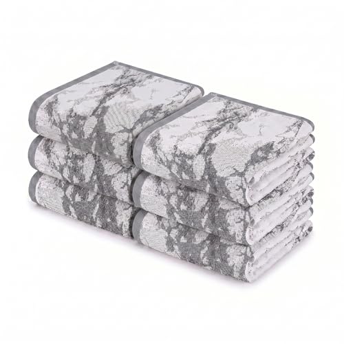 SUPERIOR Cotton Marble Jacquard Border Quick Dry Towel Set, 6 Piece, Grey