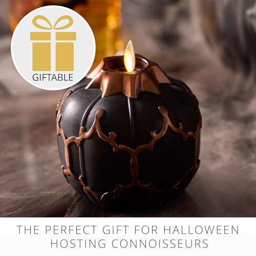 Image of Luminara Black Embossed Fretwork Pumpkin Candle, 3.8 inch x 4.3 inch Flickering Flameless LED Light, AA Batteries (Sold Separately) w /Timer, Real Wax Indoor Fall Halloween Decor Table Mantel Decoration