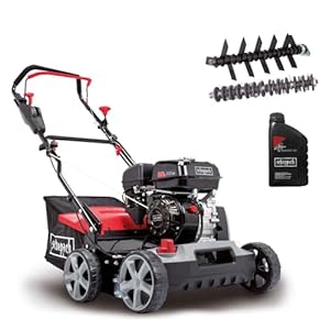 Scheppach Benzin Vertikutierer SC50VARIO Rasenlüfter inkl. Öl | Arbeitsbreite 40cm | 4-Takt Motor mit 4 kW / 5, 5 PS Leistung | Geeignet für 1500m² | Arbeitshöhe 0-15mm | 45L Fangsack | Moosentferner