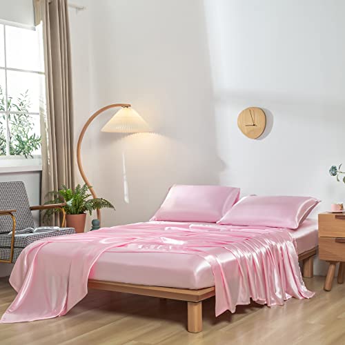 Revdomfly 4 Pcs Full Size Luxury Silky Soft Pink Satin Sheet Set,1 Premium Moisture Wicking Fitted Sheet Fits Up To 16 Inches Deep Pocket + 1 Flat Sheet + 2 Pillowcases（Pink, Full） #TOP4