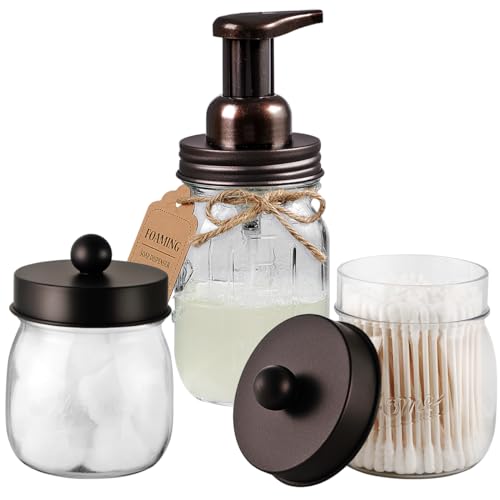 SheeChung Bathroom Accessories Set Mason Jar Foaming Hand Soap Dispenser Qtip Holder Set Rustic Farmhouse Decor Apothecary Jars Bathroom Countertop Organizer Bronze