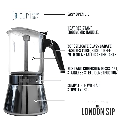 Image of The London Sip Glass and Stainless Steel Stovetop Espresso Maker, Moka Pot Italian Coffee Percolator, Large (15.2 oz)