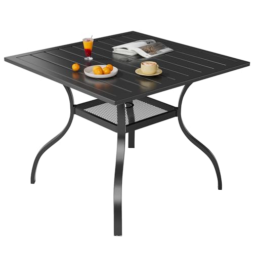 Image of 37 inch x 37 inch Patio Dining Table Outdoor Square Slated Furniture with Umbrella Hole, Metal Steel Frame(Black)