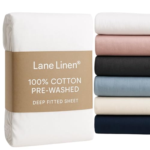 Lane Linen Single Fitted Sheet – 100% Cotton Percale – Soft & Breathable – Deep Pocket 38cm – Pre-Washed for Comfort – Hotel Quality Bottom Sheet – White, Single Bed