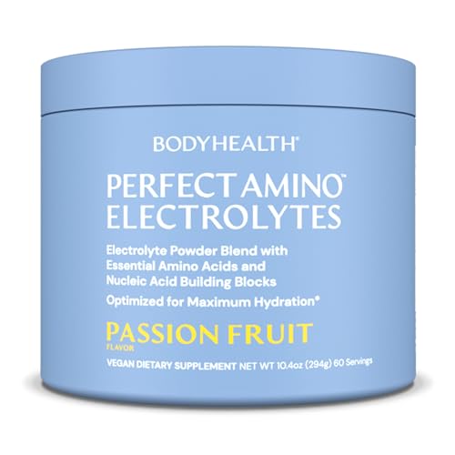 Image of BodyHealth PerfectAmino Electrolytes Powder No Sugar, Hydration Fasting Keto Zero Sugar Electrolytes Drink Mix with Trace Minerals - Passion Fruit - 60 Servings
