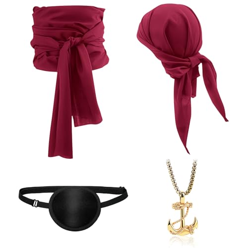 NebulaGlam 4pcs Accessori Pirata, Accessori Costume da Pirata Set, Accessori per Costume da Capitano Pirata, Fascia, Cintura, Collana, Maschera, per Halloween Carnevale e Feste a Tema (Bordeaux)