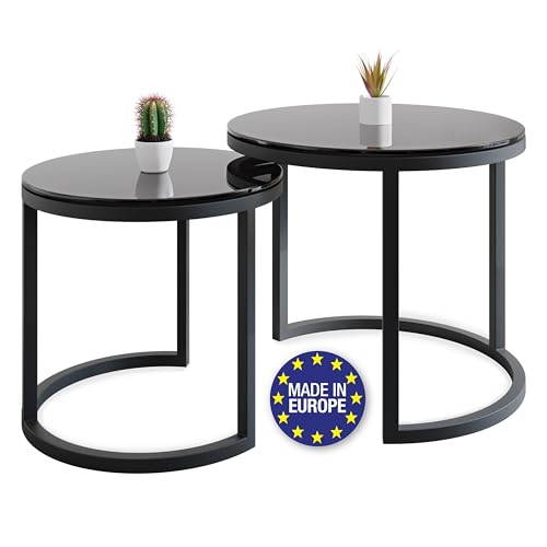 Lumarc Modena, Couchtisch 2er Set aus Gehärtetem Glas und Stahl, Handgefertigt in Europa, Beistelltisch, Wohnzimmertisch, Coffee Table, Schwarz, Rund, Ø50x43 cm / Ø40x38 cm