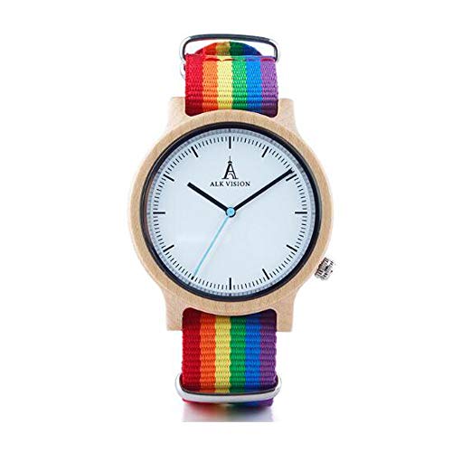 Pride Regenbogen Holz Uhren Damen Herren Holzuhr mit Canvas LGBT Strap Fashion Casual Armbanduhr (Maple) Cover