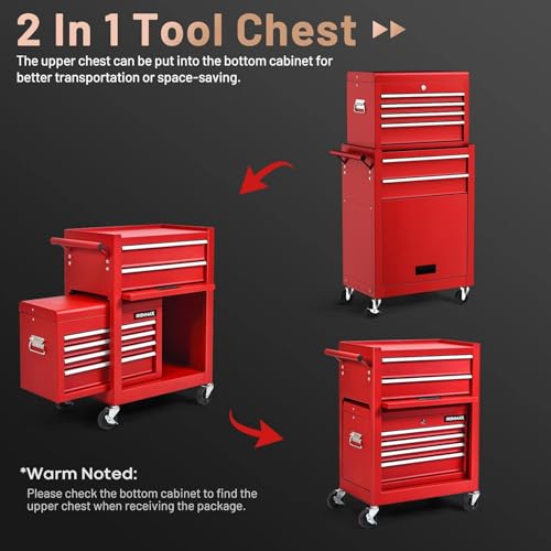 Image of Goplus 6 Drawers Tool Chest, 2-in-1 Rolling Tool Box with Universal Lockable Wheels, Protective Liner, Detachable, Auto Lock, Metal Tool Storage Cart, Heavy Duty Tool Cabinet for Garage Shop